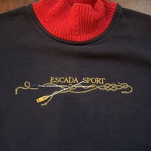 VTG Escada Sweatshirt navy red pockets high-neck preppy embroidered 80s 90s